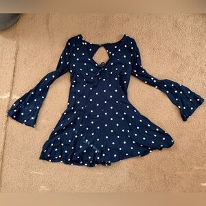 Navy Polka Dot Romper with Bell Sleeves